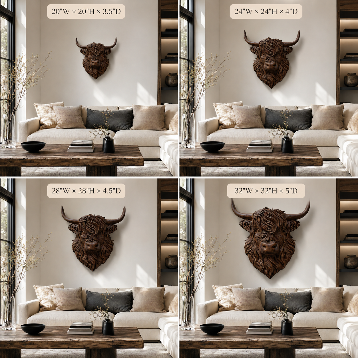 Highland Cow Wood Wall Art – Solid Wood 3D Animal Head Sculpture for Living Room Decor