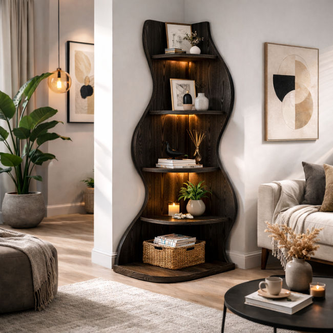 Corner Bookcase – Sculptural Solid Wood Display Shelf Main Image