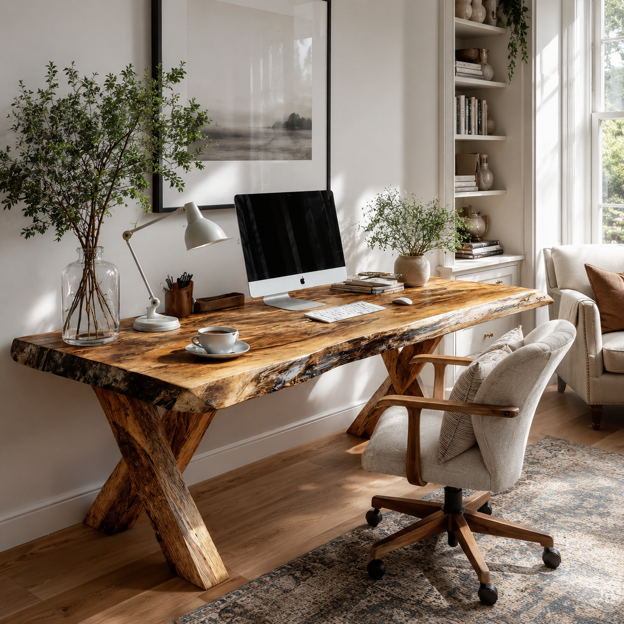 Live Edge Wood Desk – Solid Wood Office Table with X-Base Legs for Home Office Decor