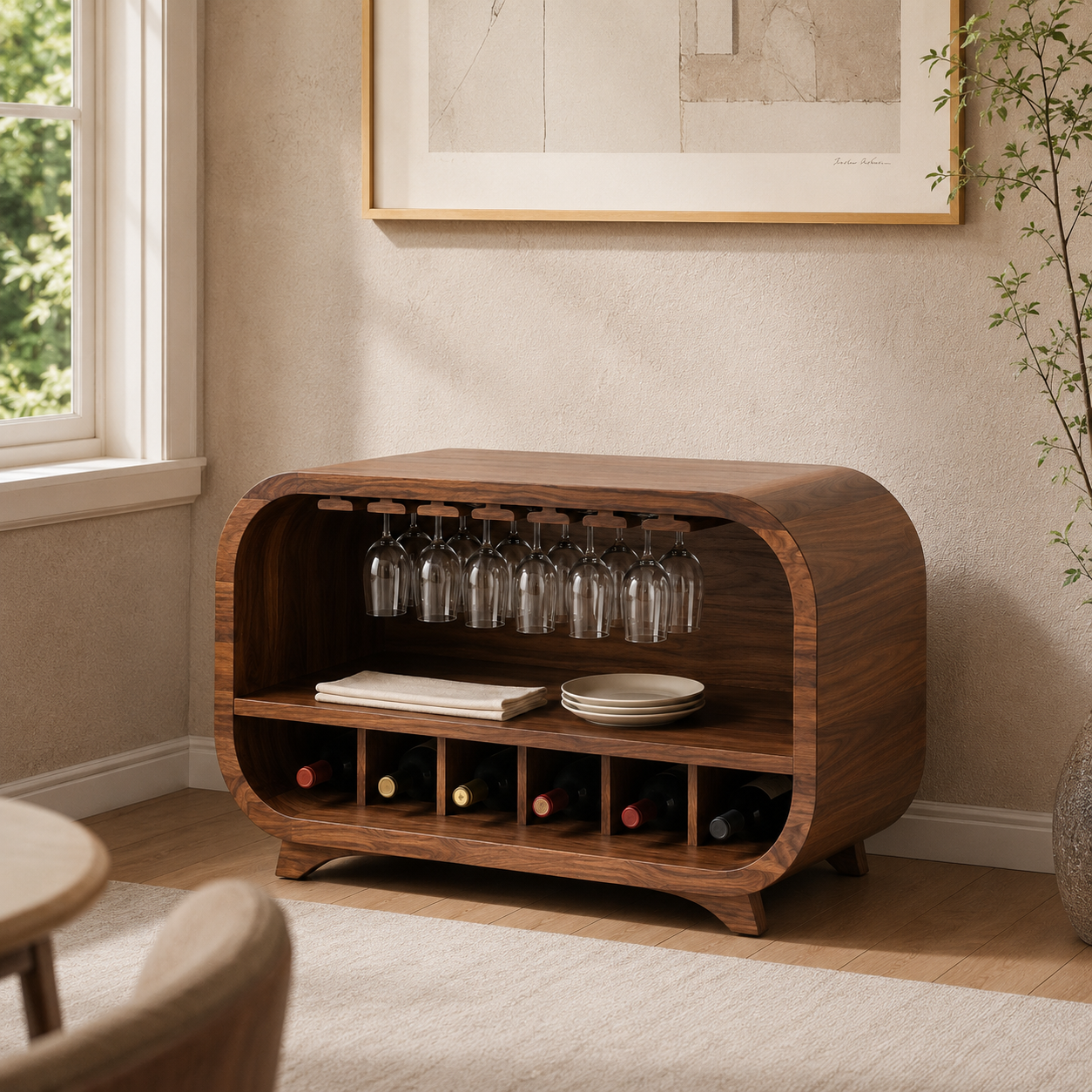 Curved Wood Bar Cabinet – Solid Wood Wine Storage Cabinet with Glass Holder for Living Room Decor