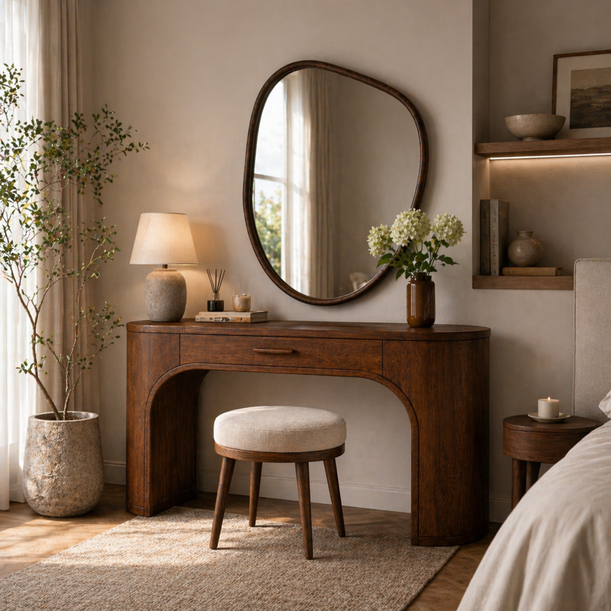 *Vanity Table – Modern Wooden Table with Sculptural Mirror for Bedroom