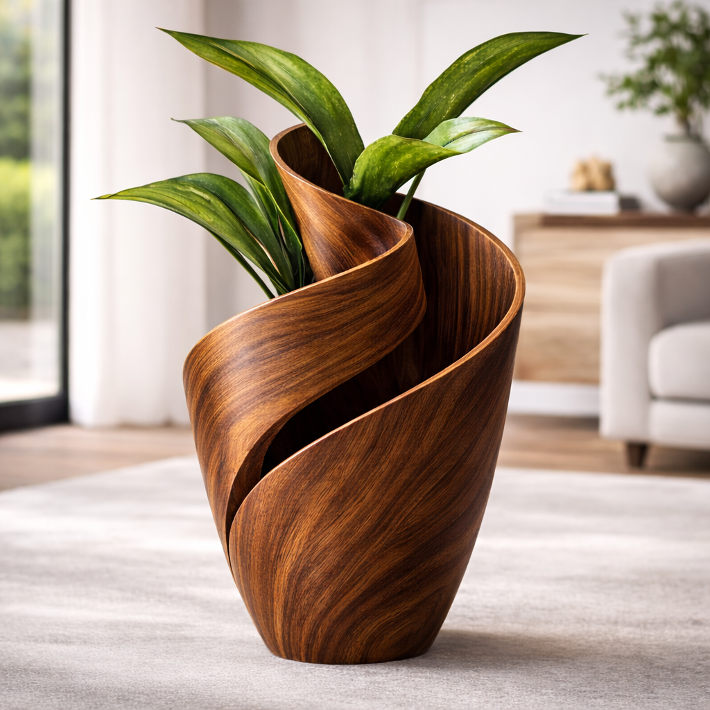 Sculptural Wooden Twist Vase with Greenery – Elegant Home Décor