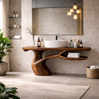 Organic Flow Wooden Bathroom Vanity with Large Mirror – Wall-Mount Design