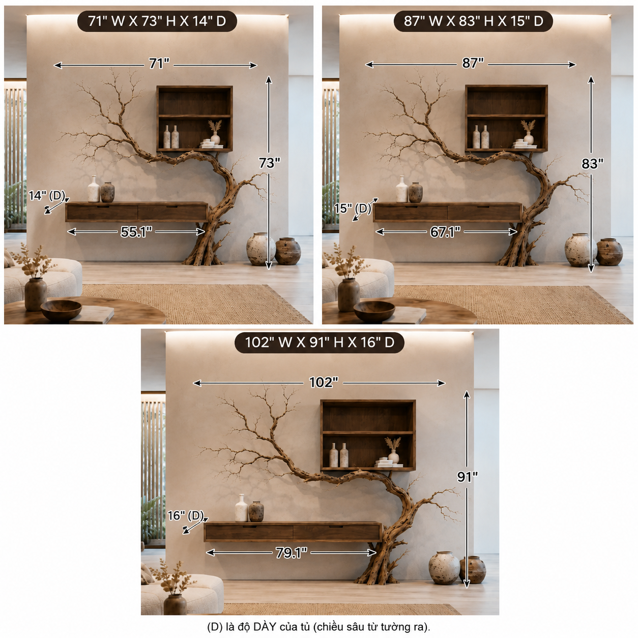 Tree Branch Wood Console Table – Solid Wood Wall Shelf with Cabinet and Sculptural Tree Base