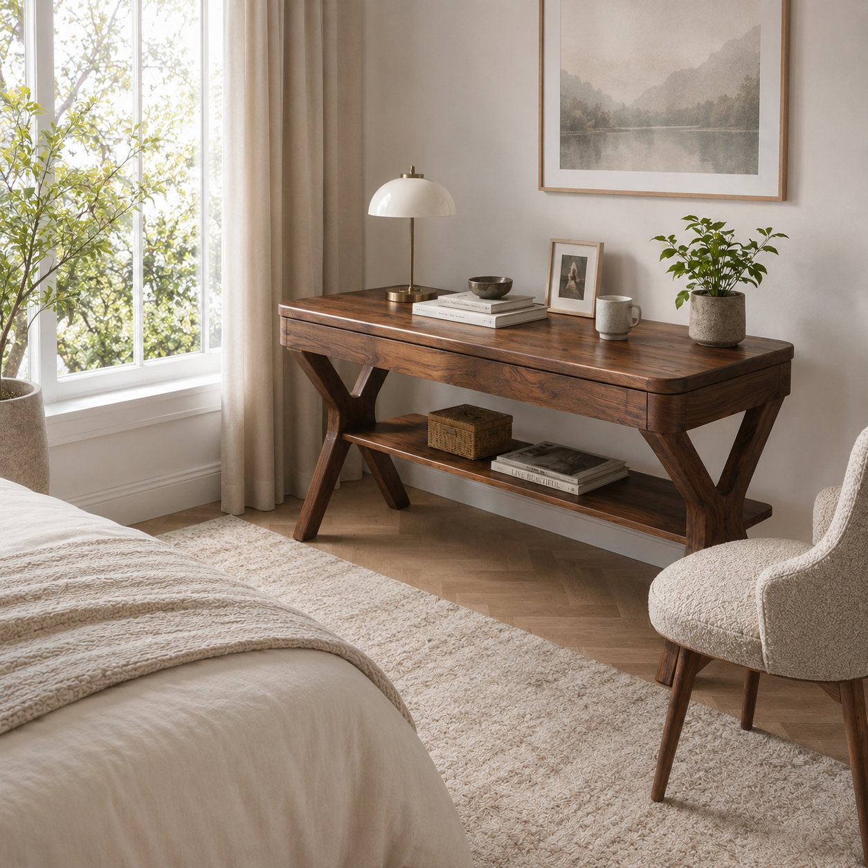 Solid Wood Writing Desk – Wooden Office Desk with Lower Storage Shelf for Home Office Decor