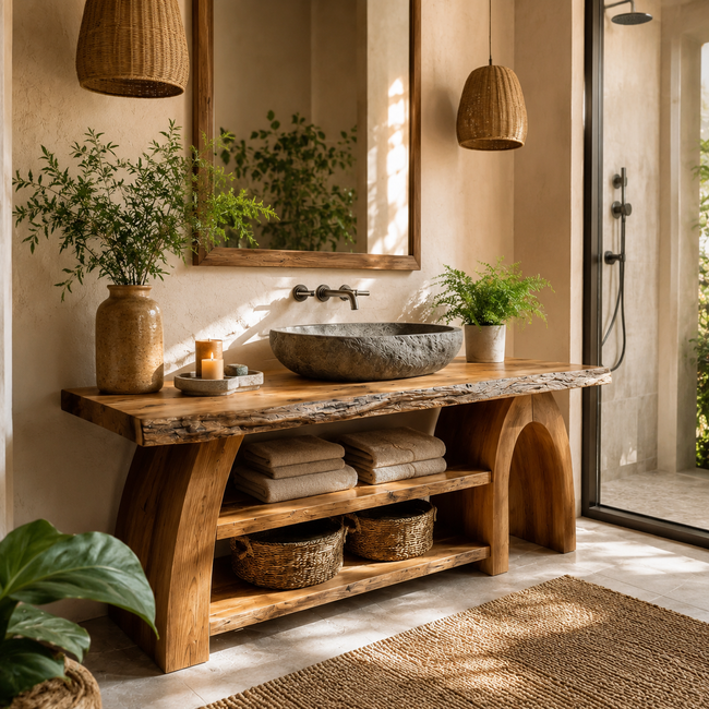 Live Edge Wood Bathroom Vanity – Solid Wood Sink Console with Storage Shelves for Bathroom Decor Hover Image