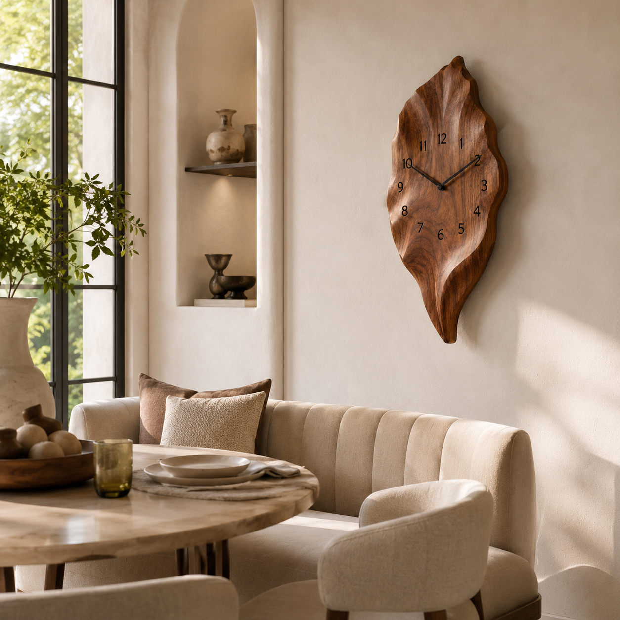 Leaf Wood Wall Clock – Solid Wood Decorative Clock for Dining Room Decor