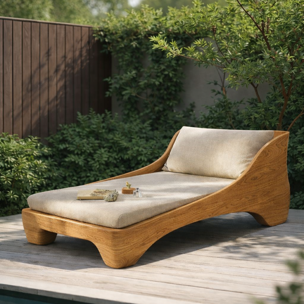 Curved Solid Wood Chaise Lounge with Cushion – Modern Lounger