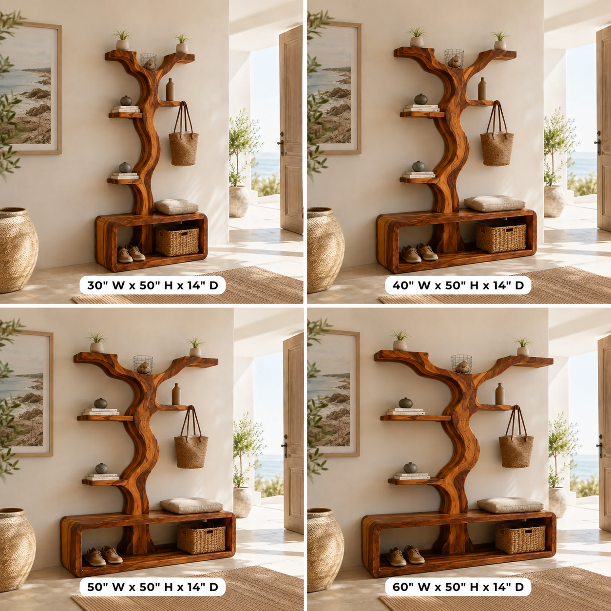 Wave Tree Entryway Hall Tree – Solid Wood Coat Rack Bench with Shelves and Shoe Storage