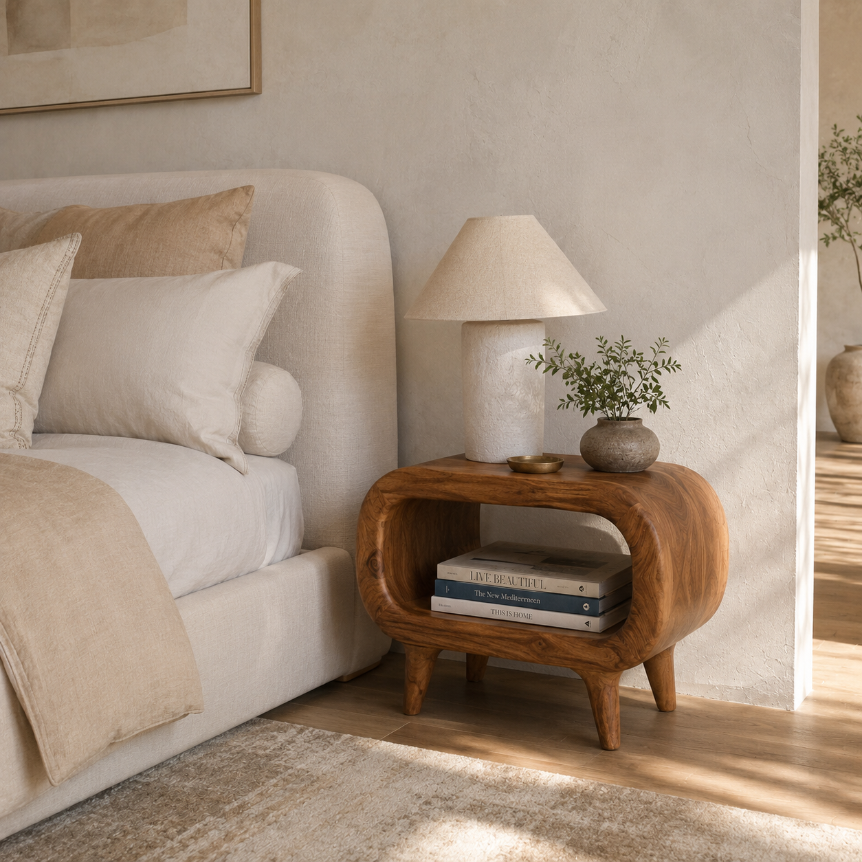 Curved Wood Side Table – Solid Wood End Table for Living Room Decor