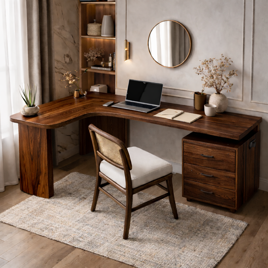Solid Wood L-Shaped Corner Desk with Drawers for Home Office
