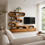 S-Shaped TV Stand – Solid Wood Media Console with Shelves for Living Room Decor