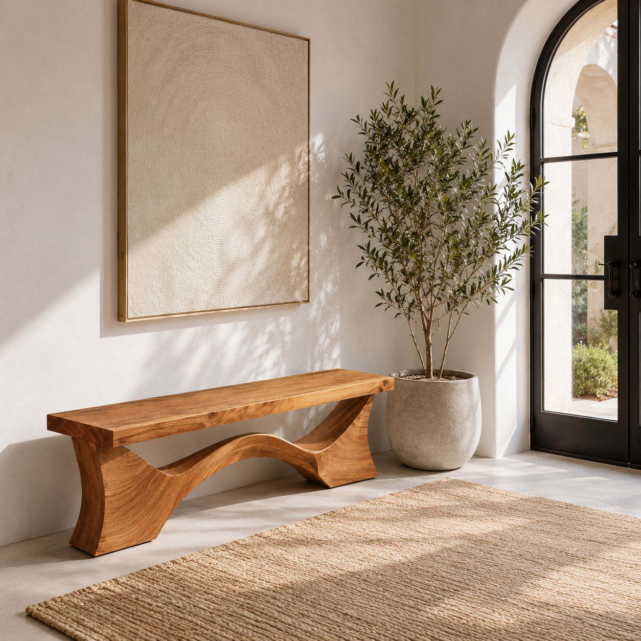 Sculptural Wood Entryway Bench – Solid Wood Hallway Bench with Curved Base for Home Decor