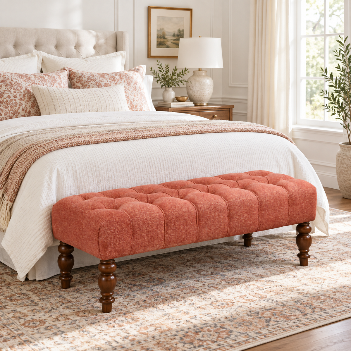 Tufted Upholstered Bench with Turned Wood Legs