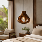 Sculptural Wood Pendant Light – Handcrafted Wooden Ceiling Lamp for Living Room Decor