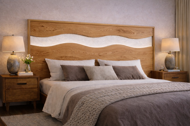 Solid Wood Wave Headboard – Sculptural Open Design Main Image