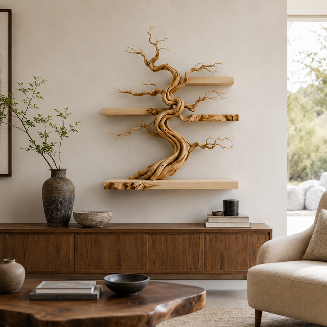 Bonsai Tree Wall Shelf – Wooden Floating Shelf Decor Hover Image
