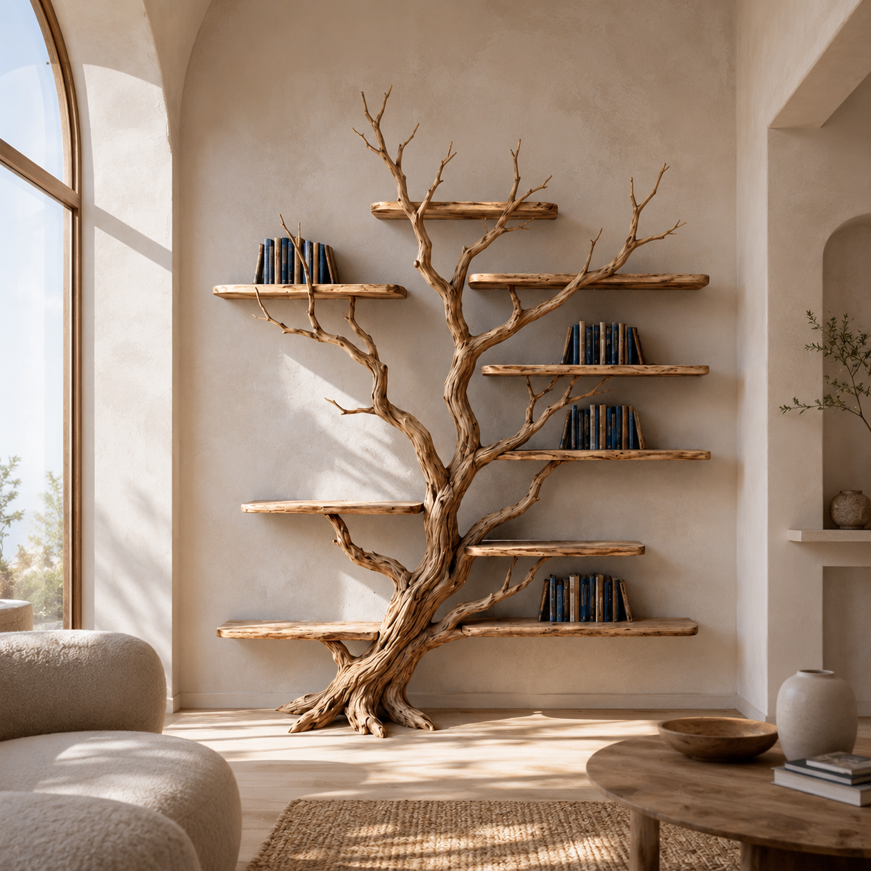Tree Branch Bookcase – Solid Wood Display Shelf for Living Room
