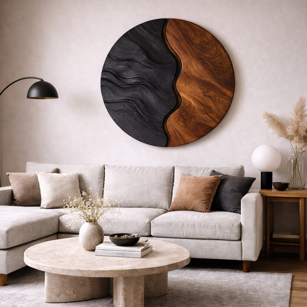 Round Wood Wall Art – Sculptural Black and Walnut Decor for Living Room