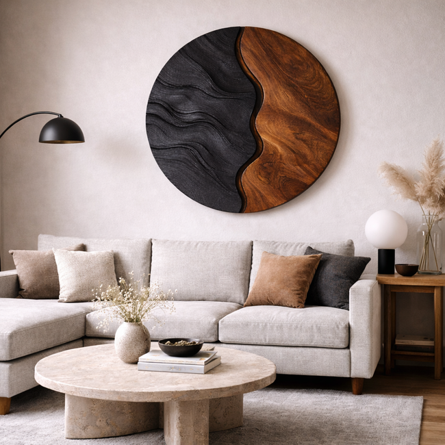 Round Wood Wall Art – Sculptural Black and Walnut Decor for Living Room Hover Image