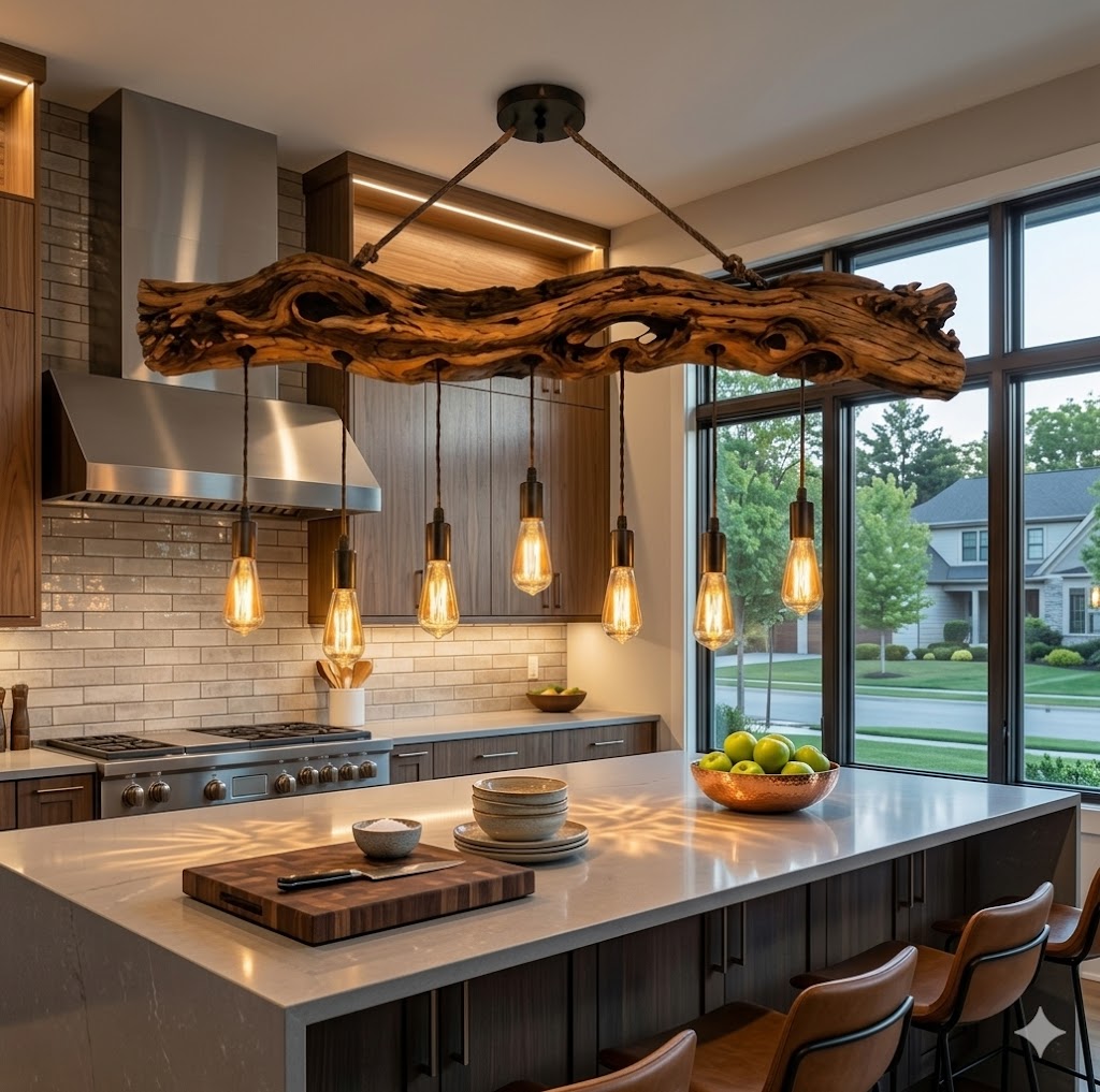 Rustic Dining Light – Solid Wood Pendant Lamp with Glass Bulbs for Dining Room Decor