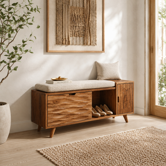 Wood Entryway Storage Bench – Solid Wood Shoe Bench with Cushion and Carved Cabinet Doors Hover Image