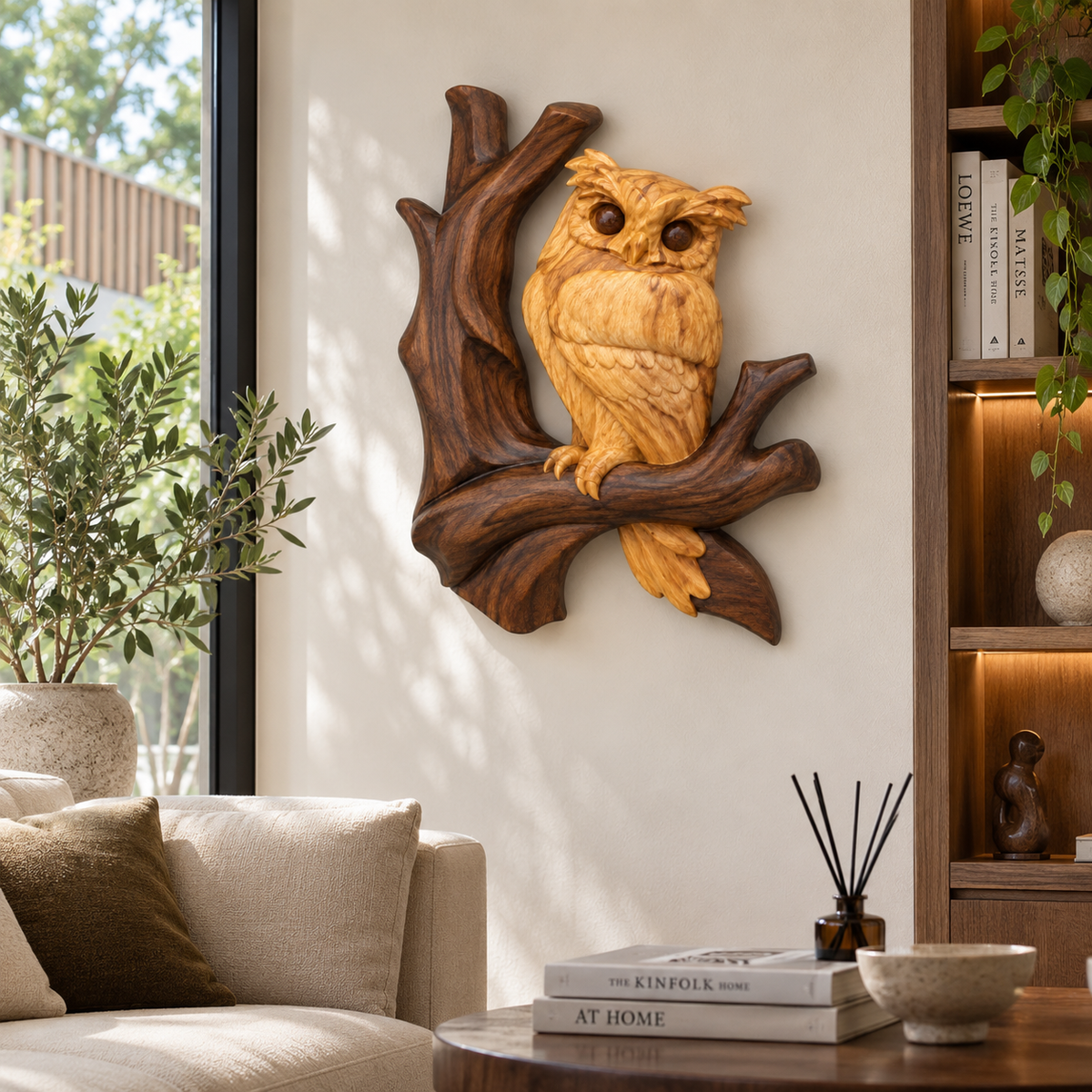 Carved Owl on Branch Wood Wall Art