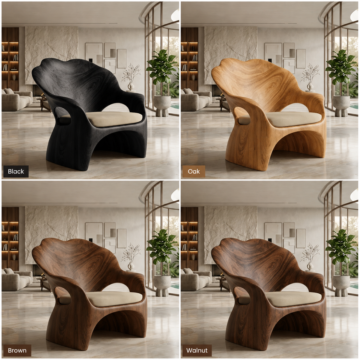 Sculptural Lounge Chair – Solid Wood Accent Chair with Cushioned Seat