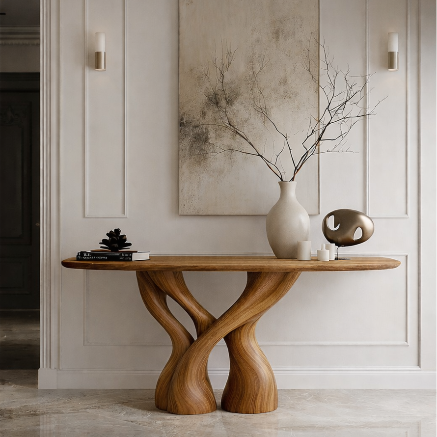Twisted Sculptural Solid Wood Console Table – Organic Statement Design