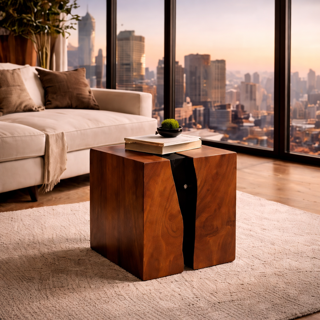 Solid Wood Resin Side Table – Live Edge Epoxy Accent Table Main Image