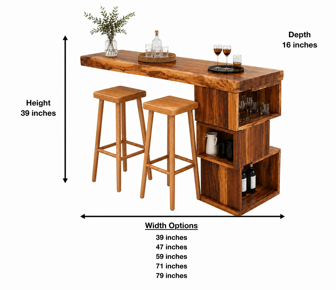 Outdoor Wood Bar Table Set – Solid Wood Balcony Bar Counter with Storage and Stools