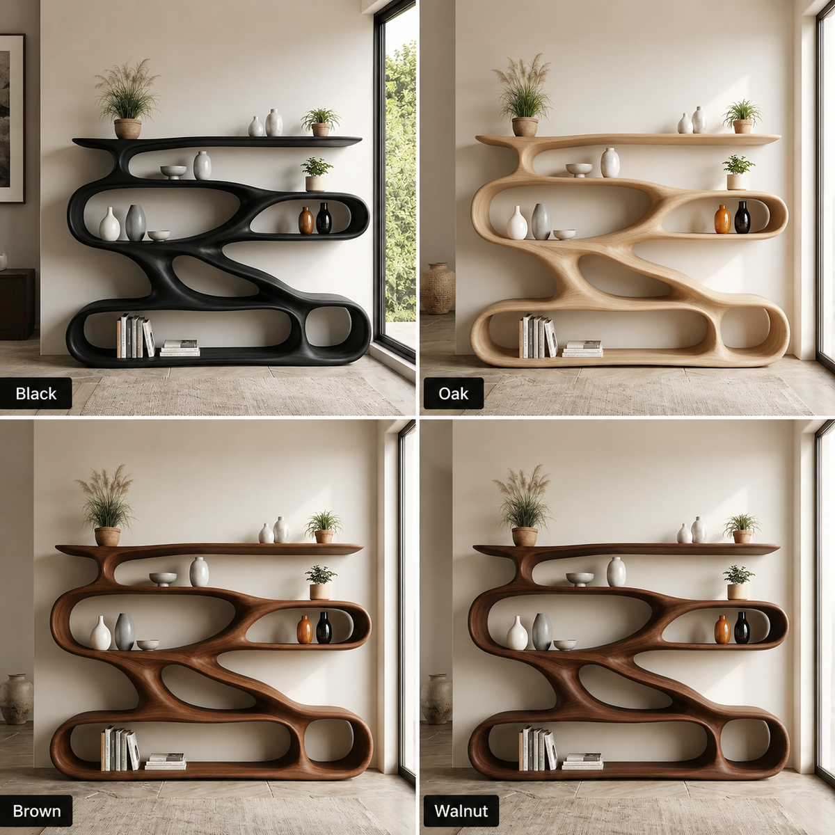 Wavy Bookcase – Sculptural Solid Wood Display Shelf