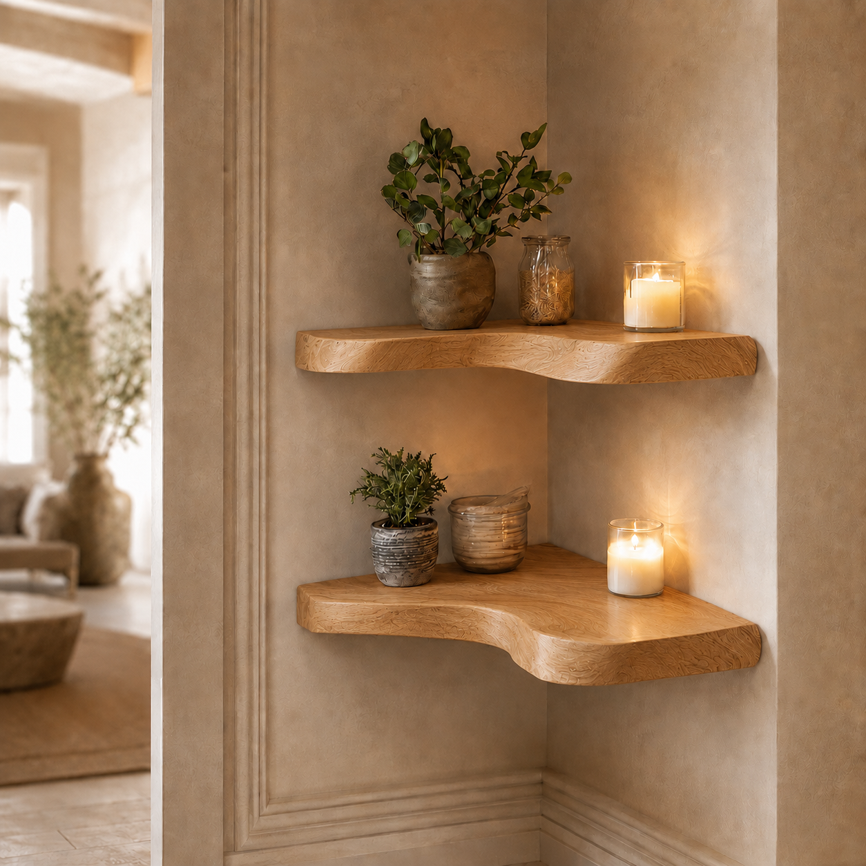 Live Edge Corner Shelves – Solid Wood Floating Shelves for Home Decor