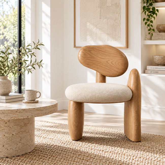 Sculptural Wood Back Bouclé Accent Chair Main Image