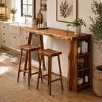 Live Edge Wood Bar Table Set – Solid Wood Kitchen Bar Counter with Storage and Stools