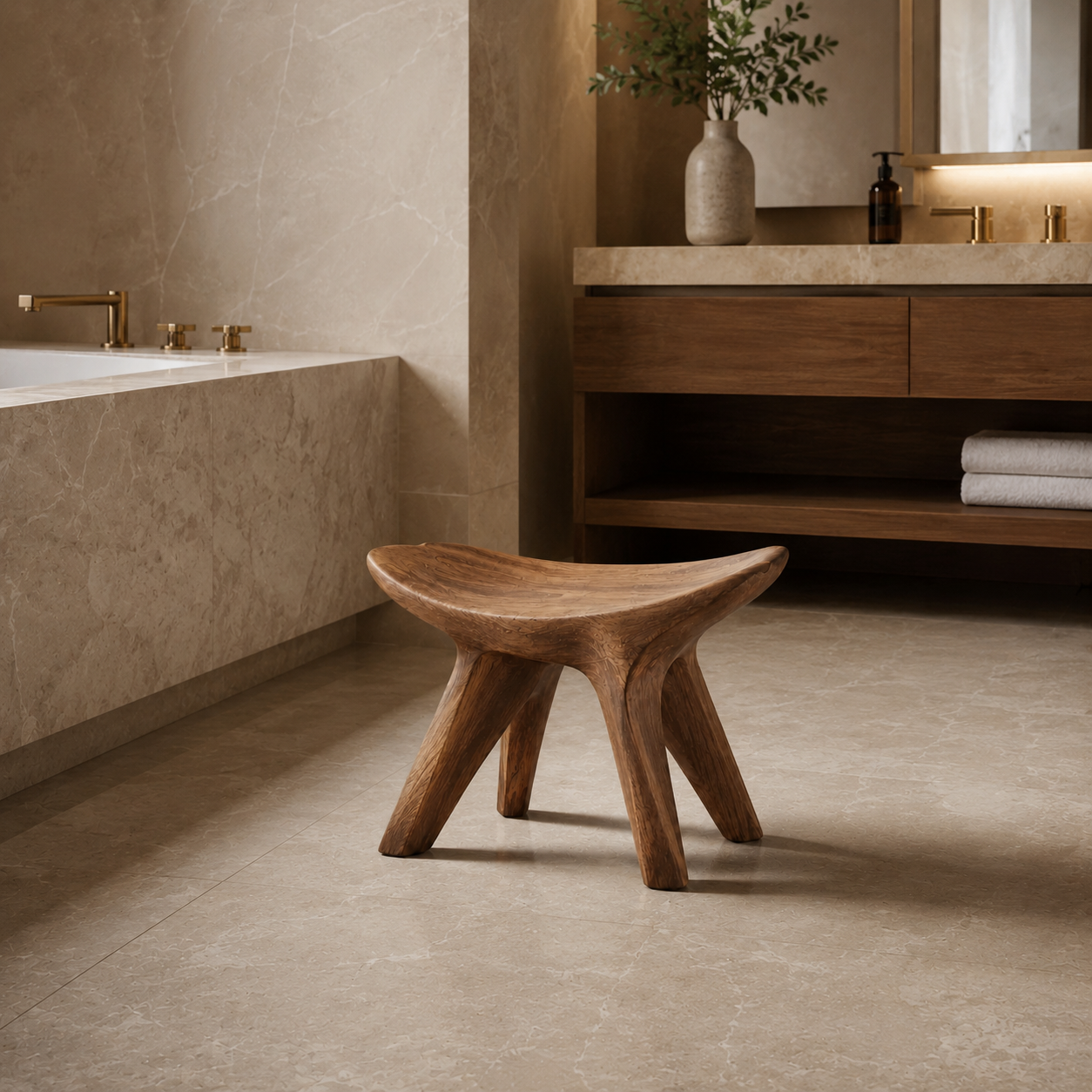 Saddle Wood Bathroom Stool – Solid Wood Low Accent Seat for Spa Decor