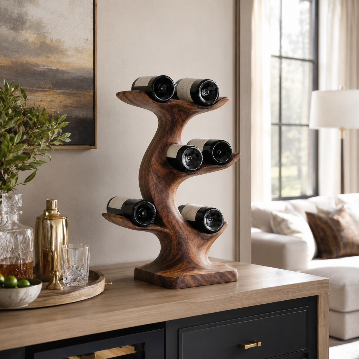 Tree Branch Wood Wine Rack – Solid Wood Bottle Display Stand for Home Bar Decor