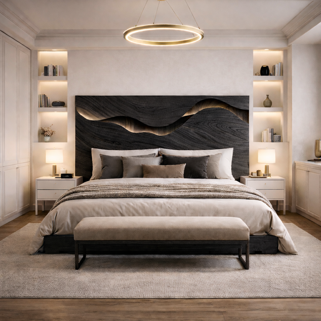 Modern Wooden Bed with Sculptural Headboard | Luxury Contemporary Bedroom Design Main Image