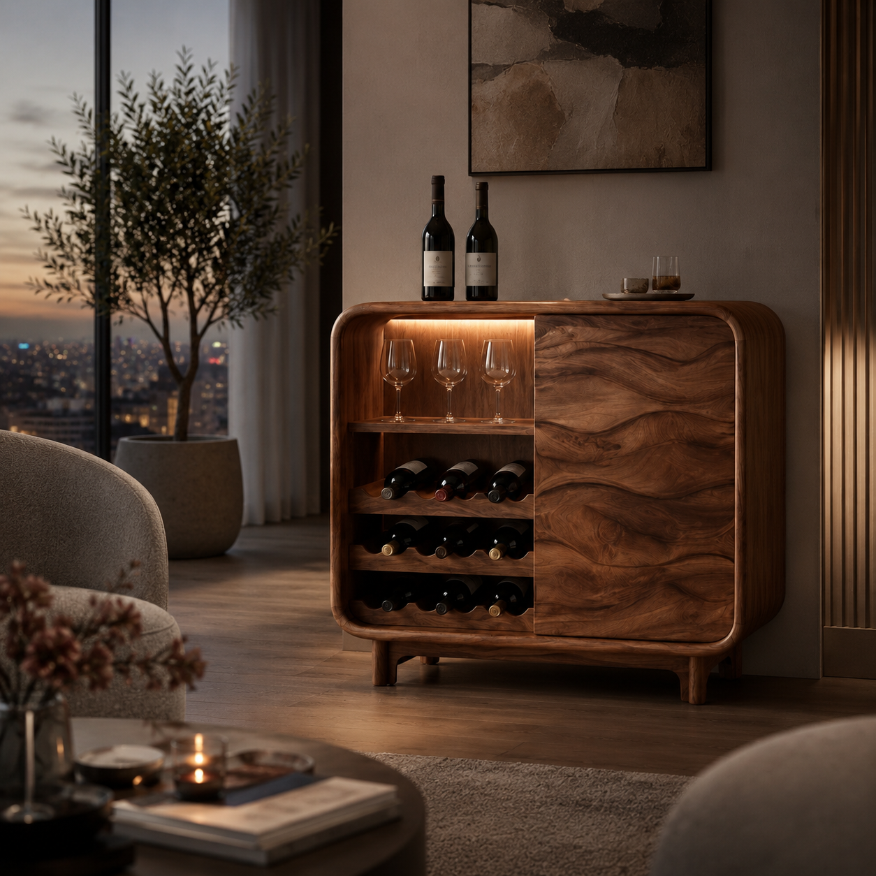 Solid Wood Wine Cabinet – Rounded Wood Bar Storage Cabinet with Wine Rack for Living Room Decor