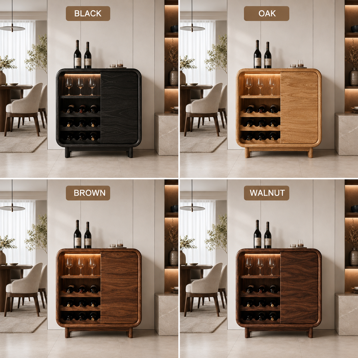 Solid Wood Wine Cabinet – Rounded Wood Bar Storage Cabinet with Wine Rack for Living Room Decor