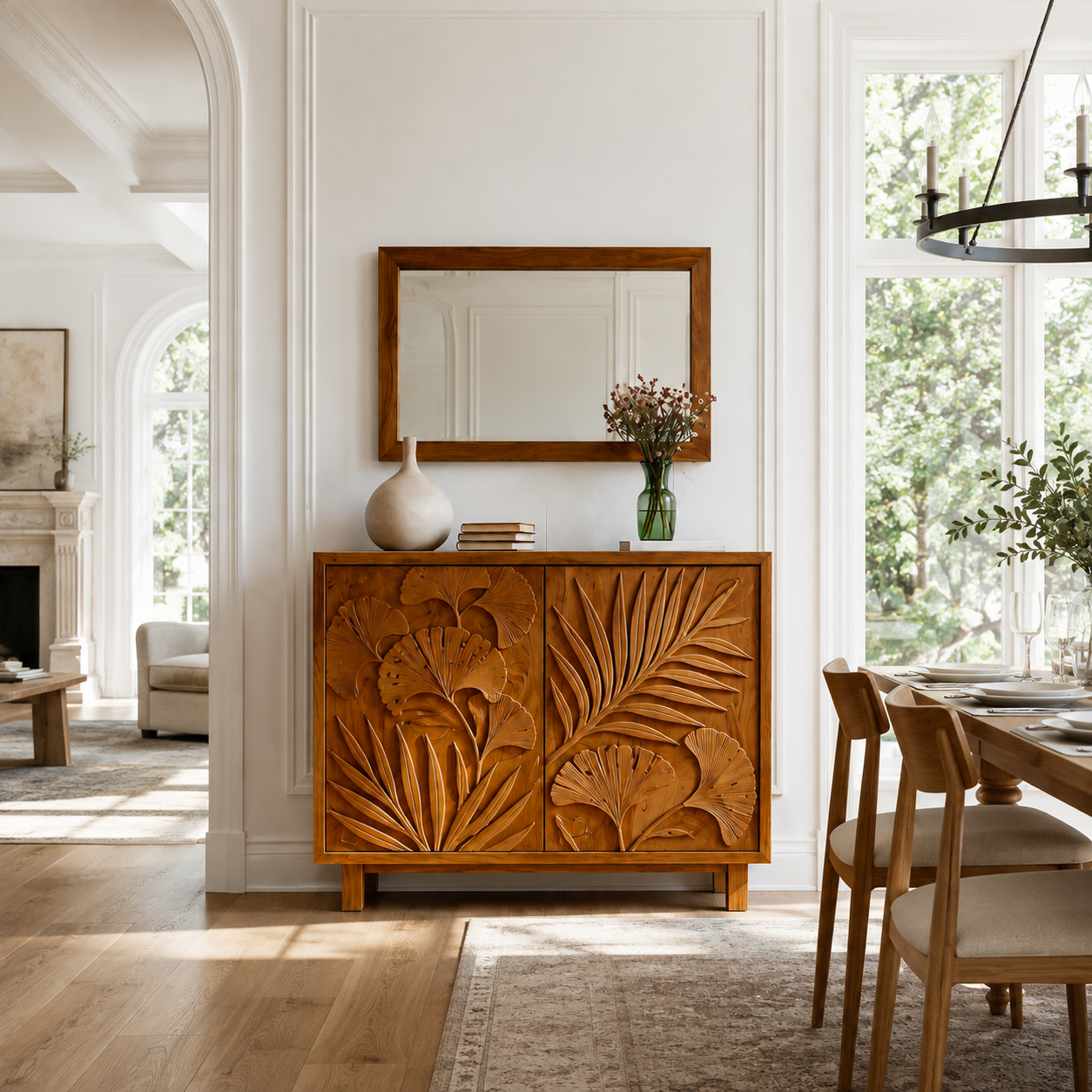 Botanical Carved Wood Accent Cabinet