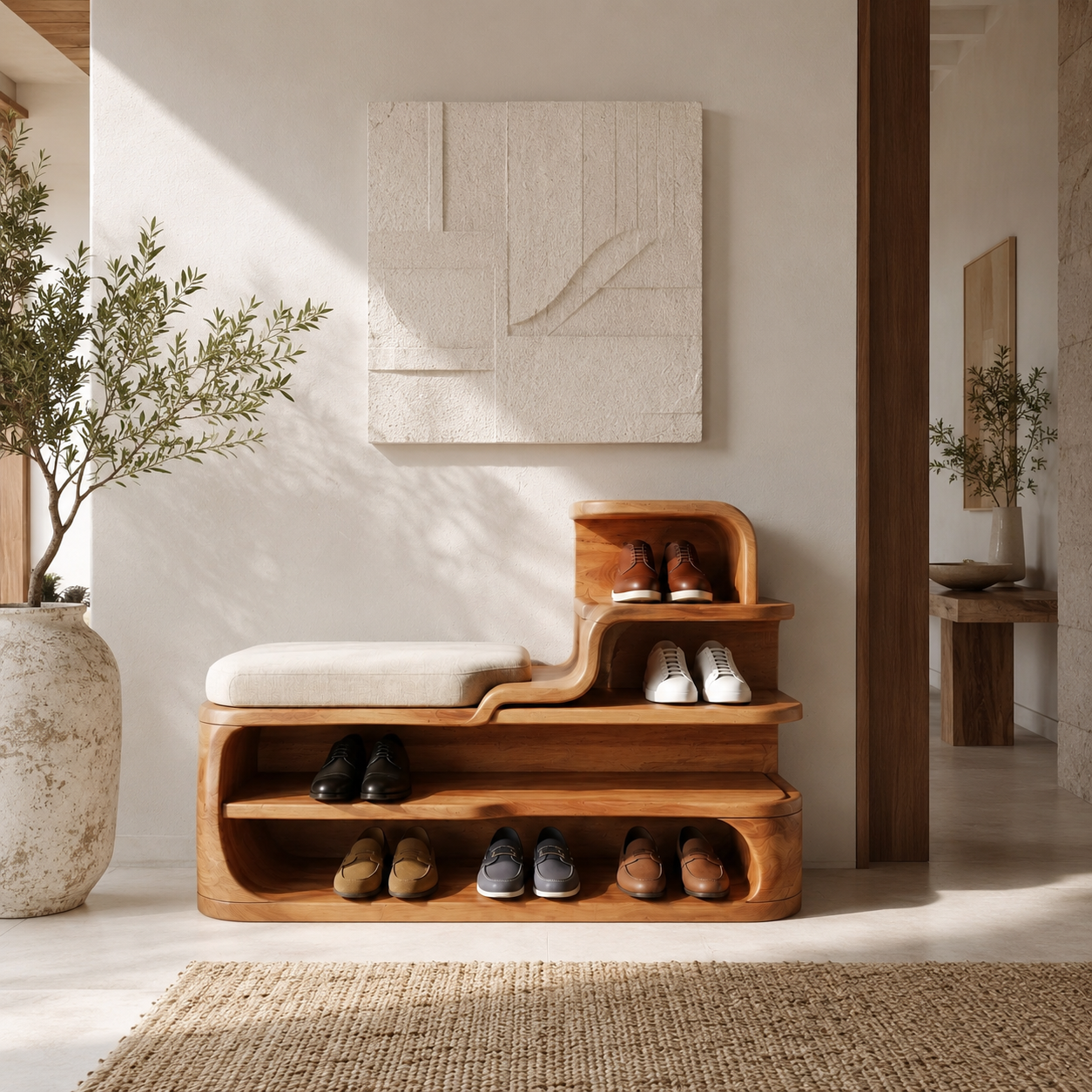 Wood Shoe Bench with Storage – Solid Wood Entryway Shoe Rack Bench with Cushion