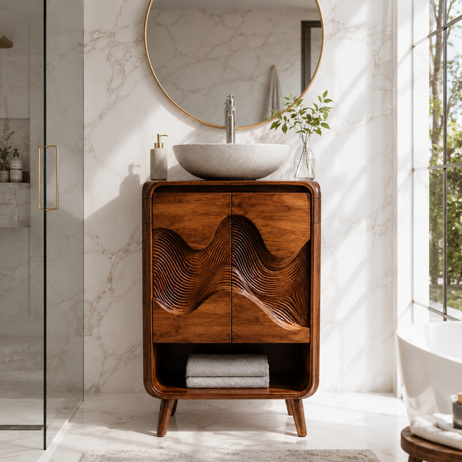 Carved Wood Bathroom Vanity – Solid Wood Sink Cabinet for Bathroom Decor Hover Image
