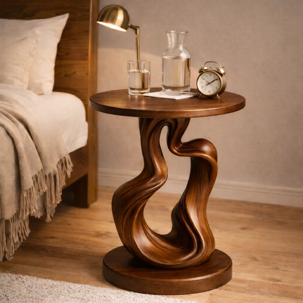 Twisted Side Table – Sculptural Solid Wood Table for Modern Living Room