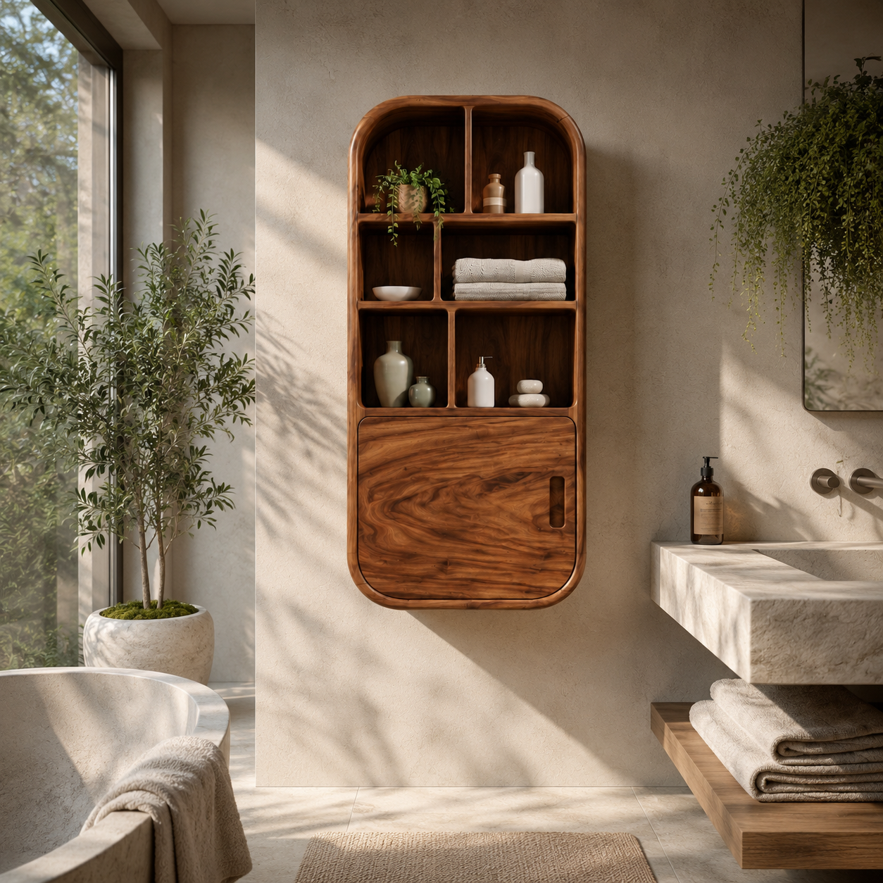 Rounded Wood Bathroom Cabinet – Solid Wood Wall Mounted Storage Cabinet for Bathroom Decor