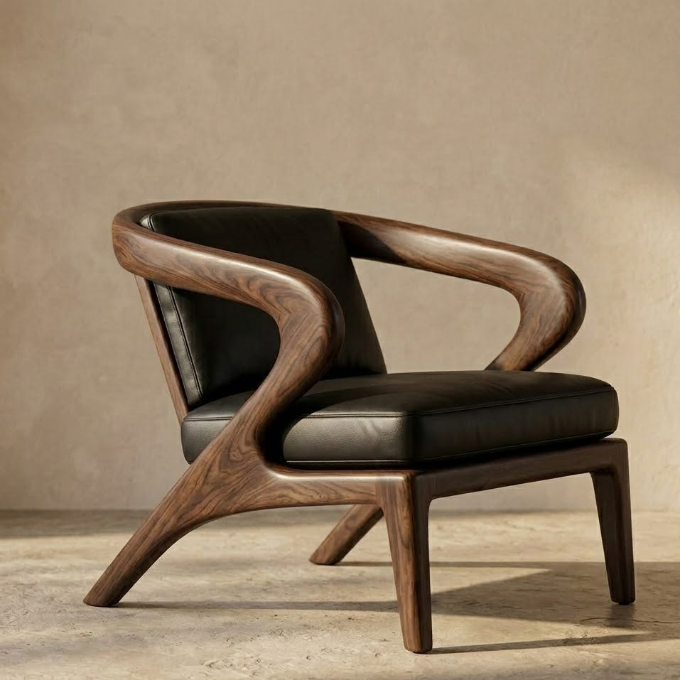 Sculptural Accent Chair – Solid Wood Lounge Chair with Cushioned Seat