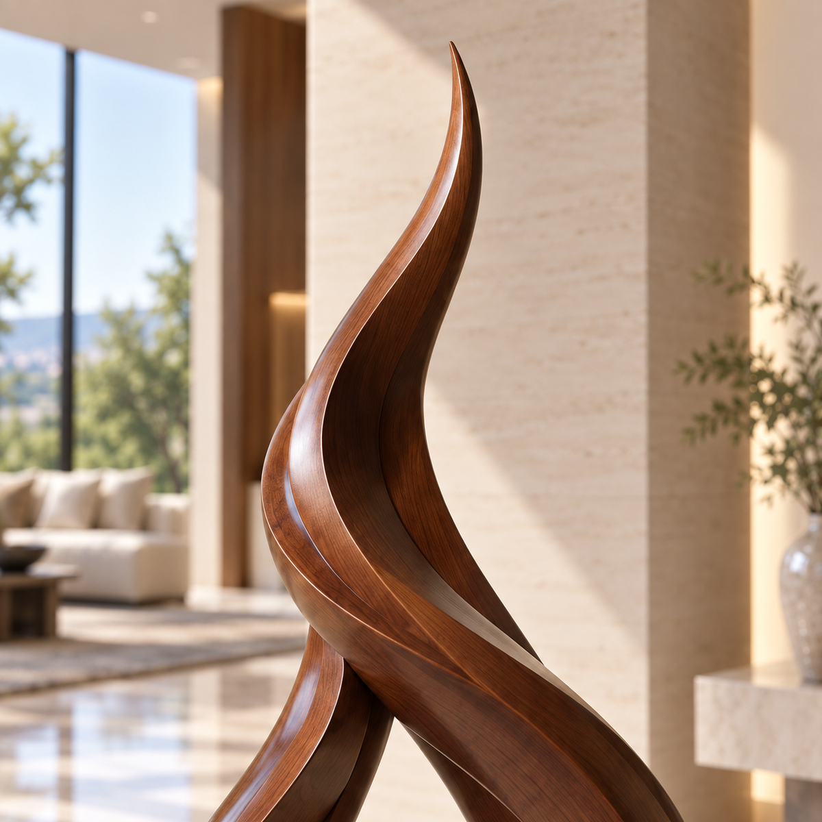 Sculptural Flame Loop Wood Floor Sculpture
