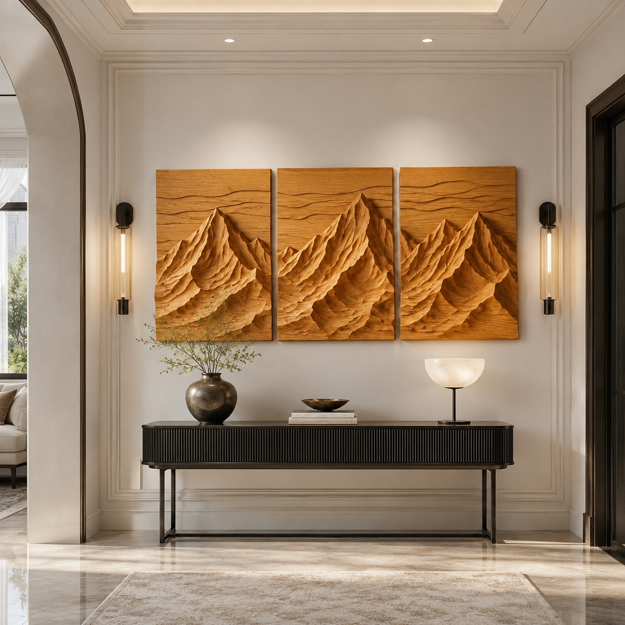 Mountain Wood Wall Art – Solid Wood 3 Panel Carved Wall Decor for Entryway Decor