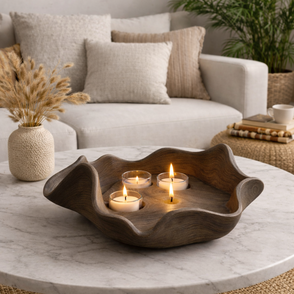 Lotus Candle Bowl – Hand-Carved Wooden Tealight Holder