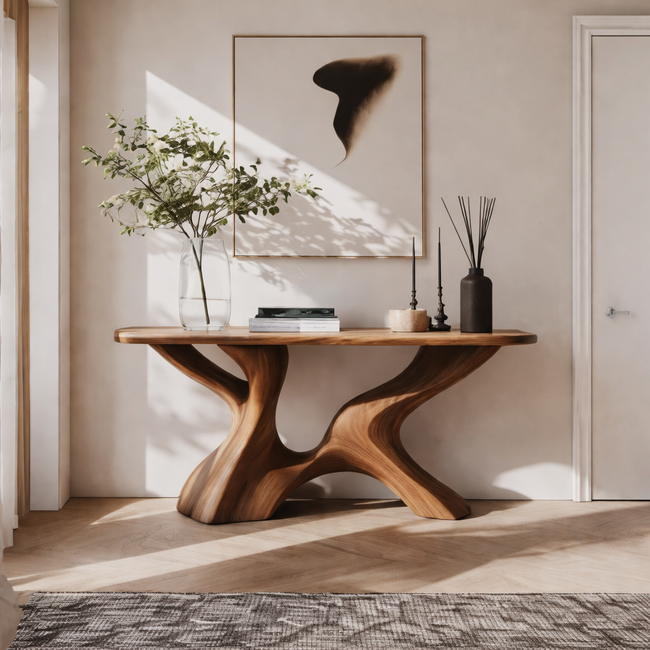 Sculptural Console Table – Solid Wood Artistic Base Table for Entryway Decor Hover Image